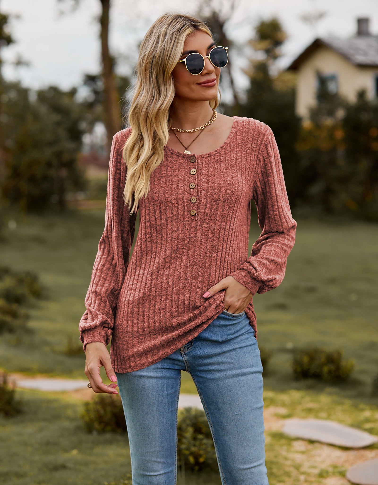 Round Neck Button-Down Long Sleeve Tee