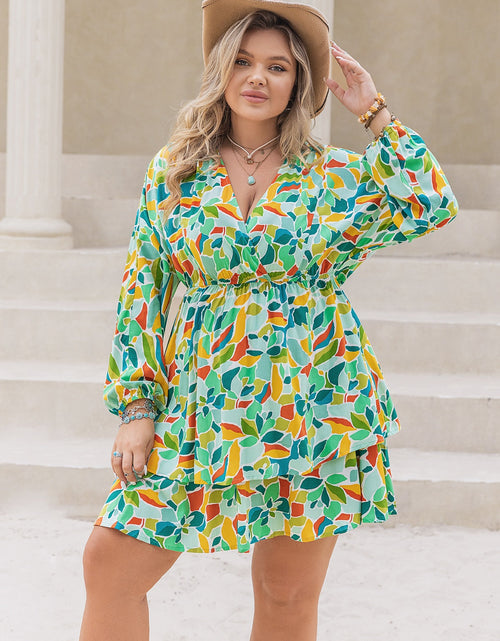 Load image into Gallery viewer, Plus Size Printed Surplice Long Sleeve Mini Dress
