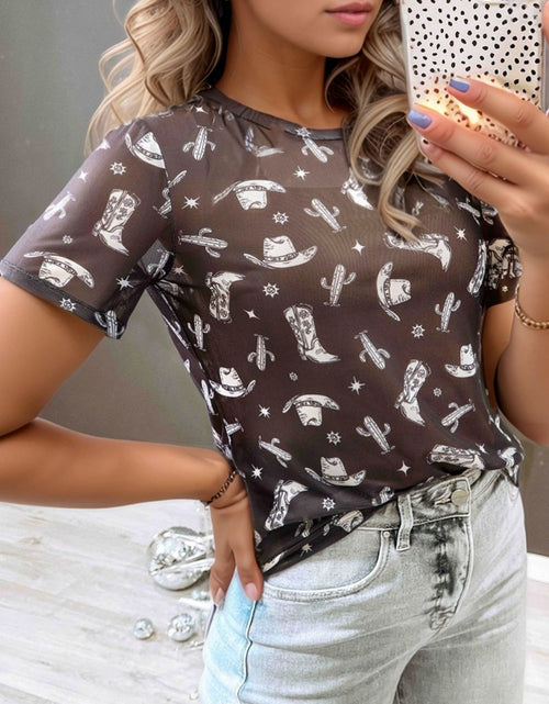 Load image into Gallery viewer, Western Pattern Mesh Sheer Crew Neck Top
