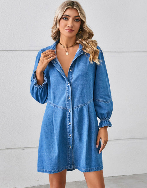 Load image into Gallery viewer, Button Up Flounce Sleeve Mini Denim Dress
