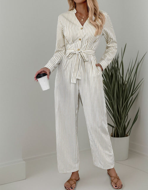 Load image into Gallery viewer, Striped Notched Long Sleeve Tie Waist Jumpsuit
