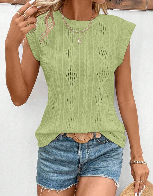 Load image into Gallery viewer, Openwork Round Neck Cap Sleeve Top

