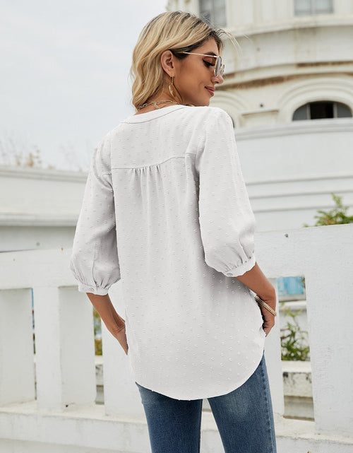 Load image into Gallery viewer, Swiss Dot Notched Neck Three-Quarter Sleeve Blouse
