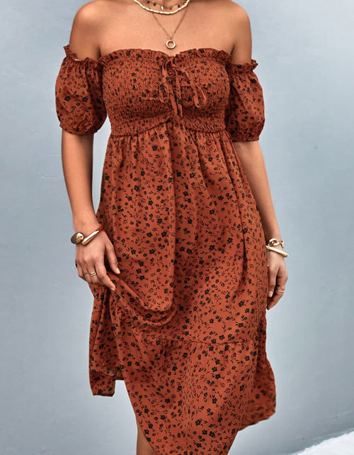 Load image into Gallery viewer, Ditsy Floral Smocked Frill Trim Off-Shoulder Dress
