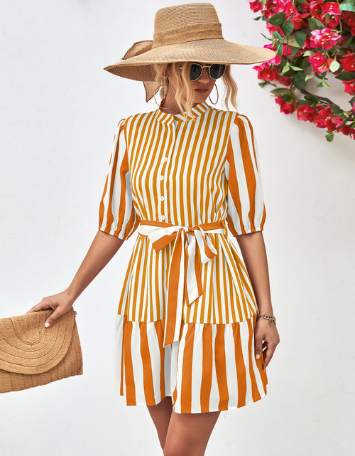 Load image into Gallery viewer, Striped Half Sleeve Tie Waist Mini Dress
