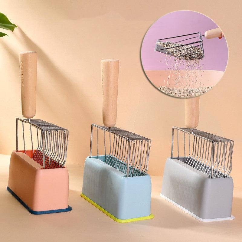 Metallic Cat Litter Scoop Set - Stylish Pet Waste Cleaning Tool With Wooden Handle by Dog Hugs Cat