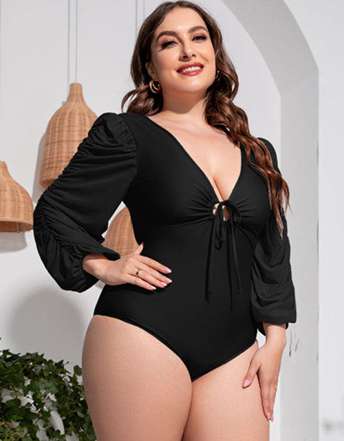 Load image into Gallery viewer, Plus Size Tied Deep V Balloon Sleeve One-Piece Swimsuit
