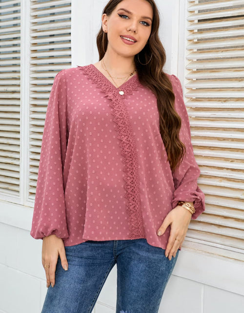 Load image into Gallery viewer, Honey Melo Apparel Plus Size Lace Trim V-Neck Balloon Sleeve Blouse
