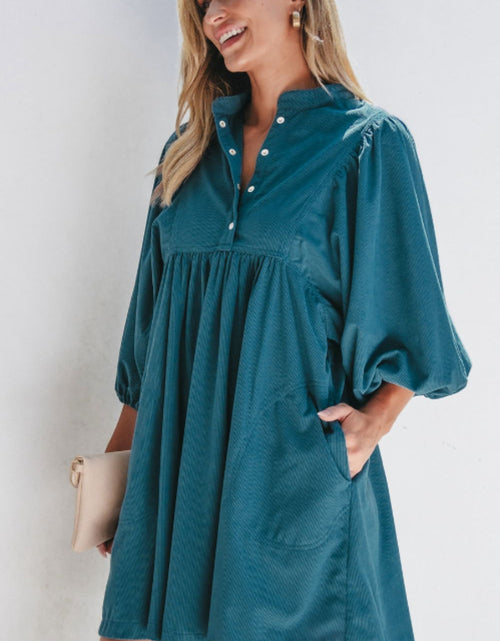 Load image into Gallery viewer, Corduroy Quarter Snap Three-Quarter Sleeve Dress
