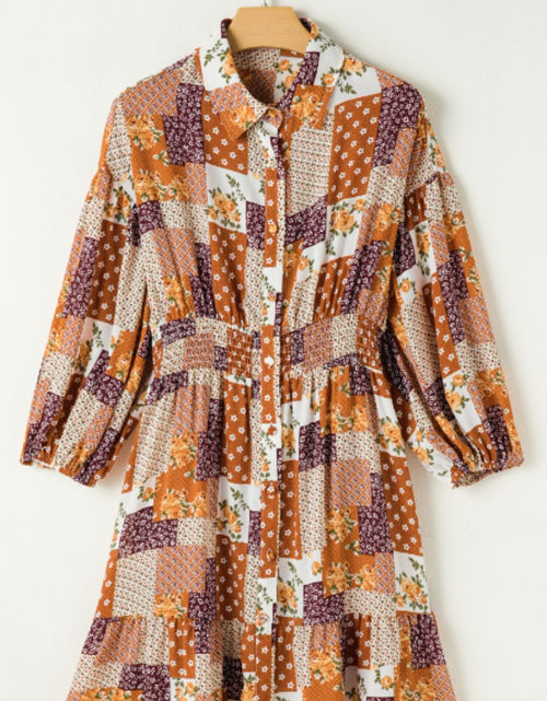 Load image into Gallery viewer, Printed Collared Neck Three-Quarter Sleeve Mini Shirt Dress
