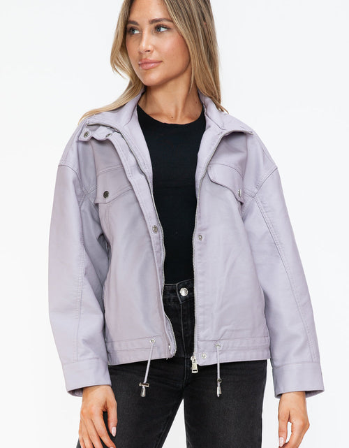 Load image into Gallery viewer, How Dare U Drawstring Hem PU Leather Zip Up Jacket
