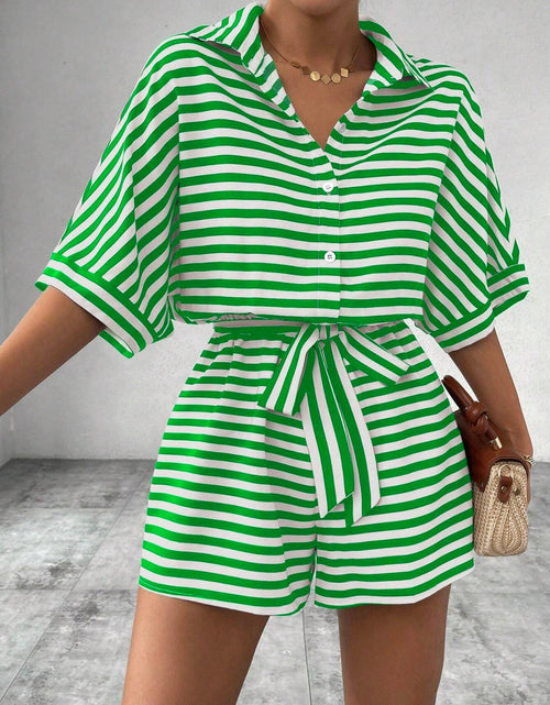 Load image into Gallery viewer, Tie Waist Half Button Striped Romper
