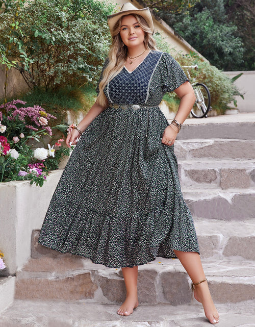 Load image into Gallery viewer, Plus Size Printed V-Neck Flutter Sleeve Midi Dress
