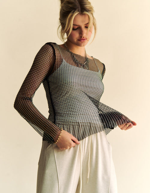 Load image into Gallery viewer, Davi &amp; Dani Sparkling Rhinestone Sheer Mesh Round Neck Top
