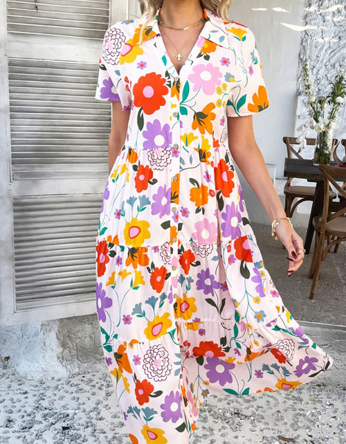 Load image into Gallery viewer, Devine Printed Johnny Collar Button Down Short Sleeve Midi Shirt Dress
