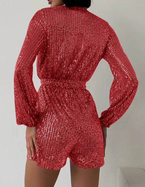 Load image into Gallery viewer, Full Size Sequin Surplice Tie Waist Long Sleeve Romper
