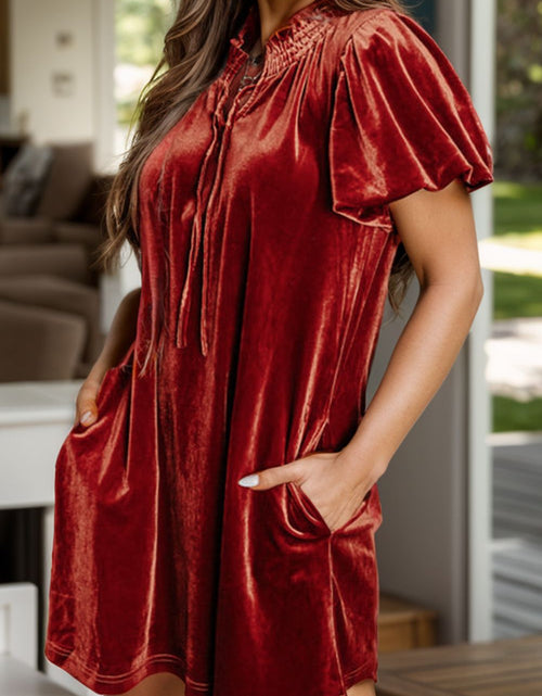 Load image into Gallery viewer, Velvet Tie Neck Short Sleeve Mini Dress
