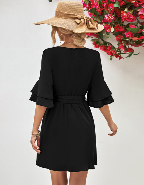 Load image into Gallery viewer, Round Neck Tie Belt Flounce Sleeve Dress
