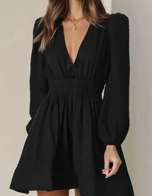 Load image into Gallery viewer, Ruched V-Neck Balloon Sleeve Mini Dress
