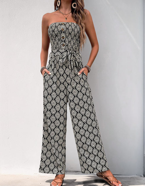 Load image into Gallery viewer, Perfee Printed Smocked Sleeveless Jumpsuit
