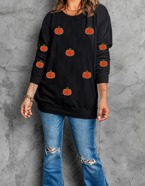 Load image into Gallery viewer, Pumpkin Round Neck Long Sleeve Sweatshirt

