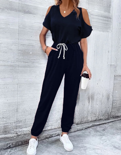Load image into Gallery viewer, V-Neck Cold-Shoulder Jumpsuit with Pockets
