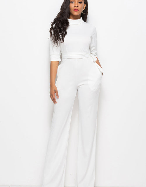 Load image into Gallery viewer, Mock Neck Tie-Waist Half Sleeve Jumpsuit

