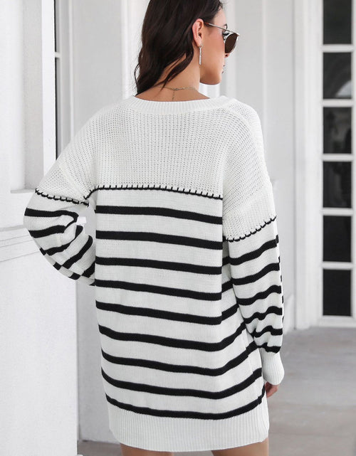 Load image into Gallery viewer, Striped V-Neck Drop Shulder Sweater Dress
