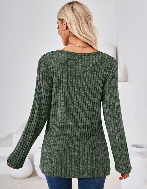 Load image into Gallery viewer, Ribbed Buttoned Round Neck Slit T-Shirt
