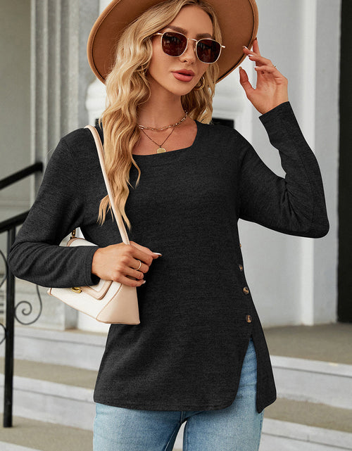 Load image into Gallery viewer, Slit Decorative Button Square Neck T-Shirt

