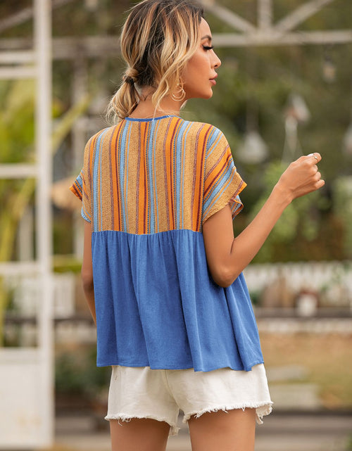 Load image into Gallery viewer, Ivy Lane Striped Tie Neck Short Sleeve Blouse
