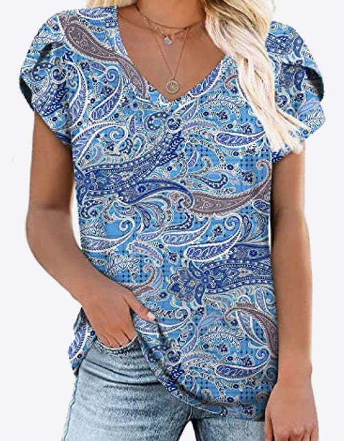Load image into Gallery viewer, Printed Petal Sleeve V-Neck Blouse
