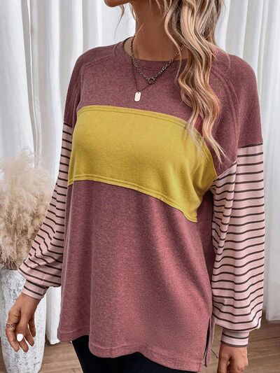 Load image into Gallery viewer, Round Neck Striped Long Sleeve Slit T-Shirt
