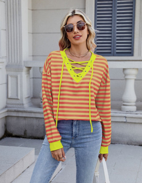 Load image into Gallery viewer, Lace-Up Striped Long Sleeve T-Shirt
