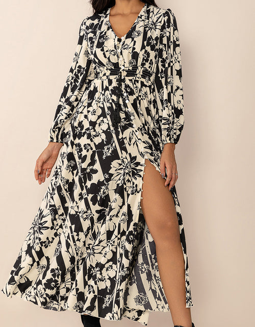 Load image into Gallery viewer, Tied Printed V-Neck Long Sleeve Midi Dress
