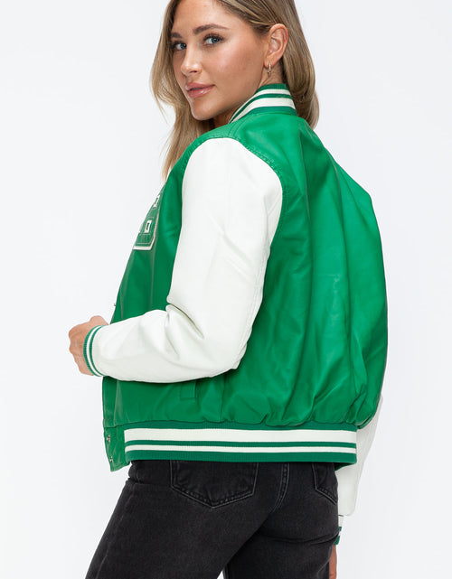 Load image into Gallery viewer, Love Me Now PU Leather Contrast Snap Down Bomber Jacket
