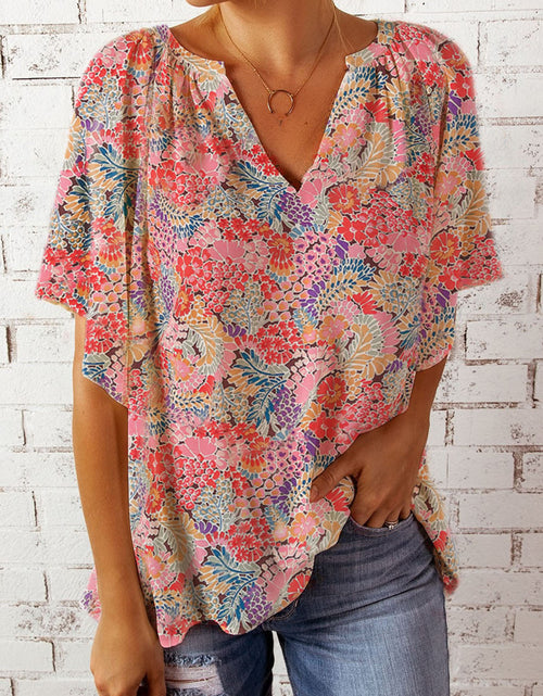 Load image into Gallery viewer, Floral Notched Neck Flutter Sleeve Blouse
