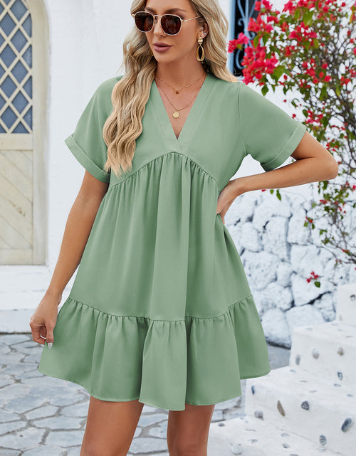 Load image into Gallery viewer, Ruched Tiered V-Neck Short Sleeve Mini Dress

