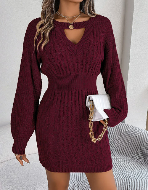 Load image into Gallery viewer, Cable-Knit Cutout Round Neck Slit Sweater Dress
