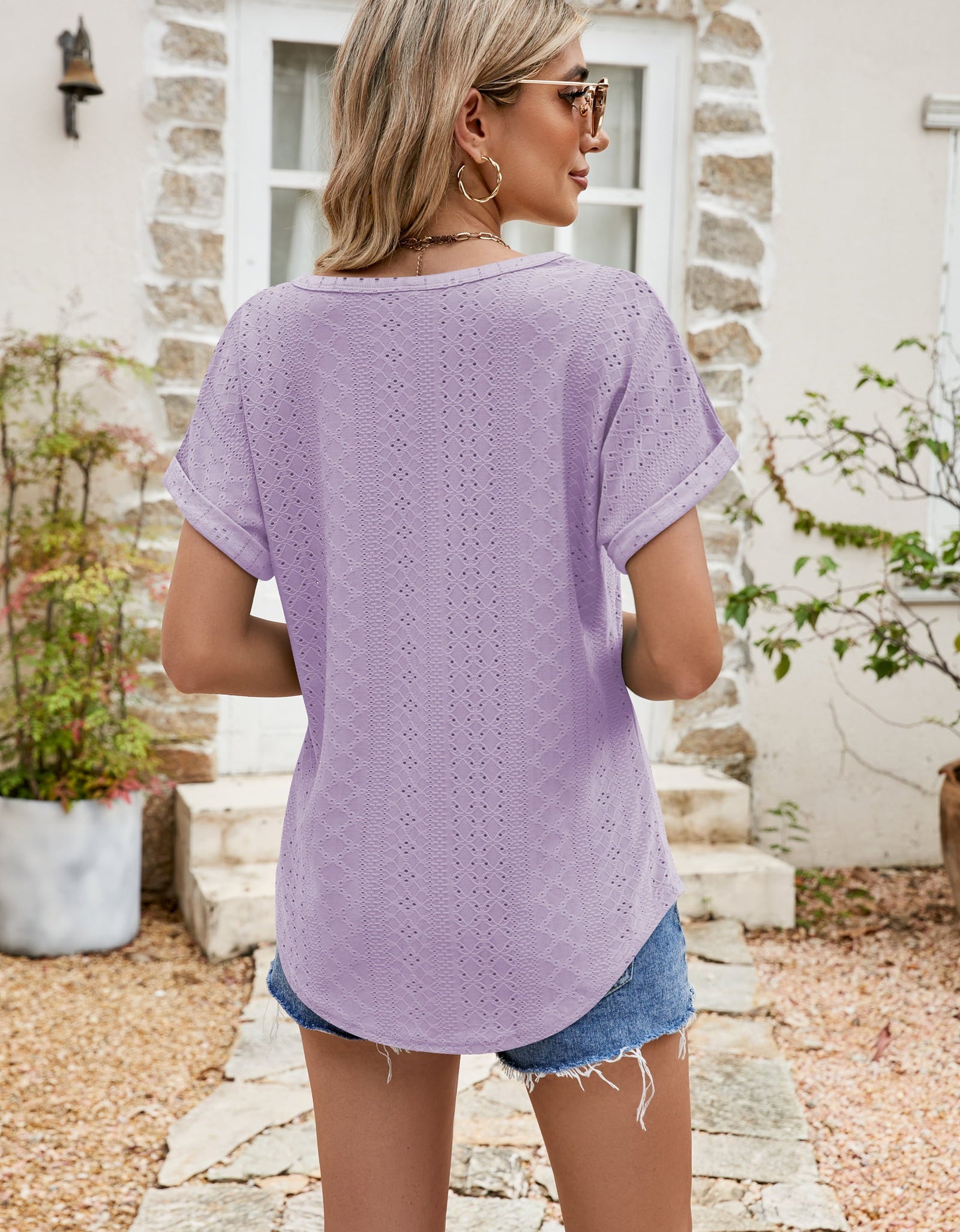Full Size Round Neck Eyelet Short Sleeve Top
