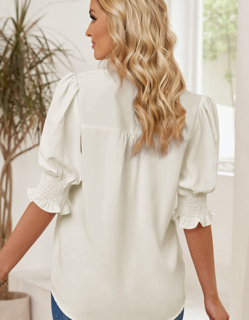Load image into Gallery viewer, Smocked Flounce Sleeve Notched Neck Blouse
