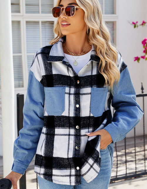 Load image into Gallery viewer, Pocketed Plaid Snap Down Denim Jacket
