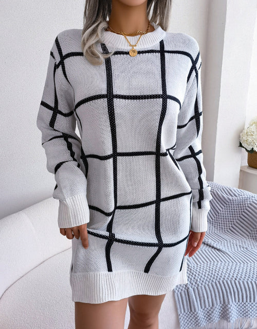 Load image into Gallery viewer, Plaid Round Neck Dropped Shoulder Sweater Dress
