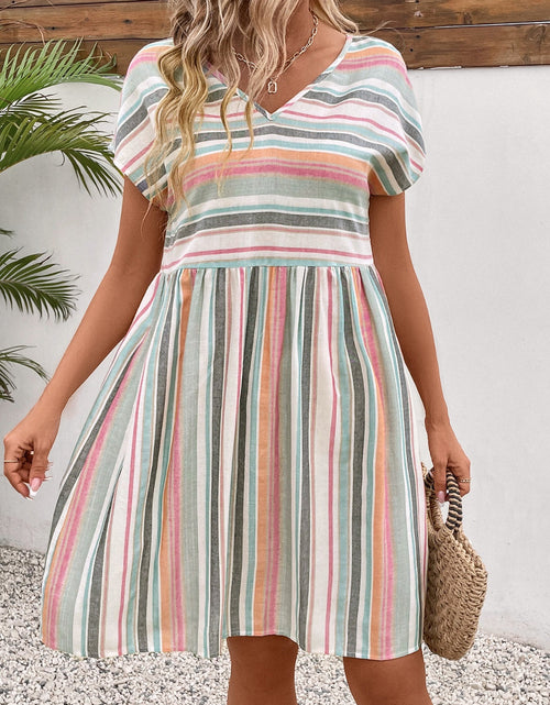 Load image into Gallery viewer, Striped V-Neck Short Sleeve Dress
