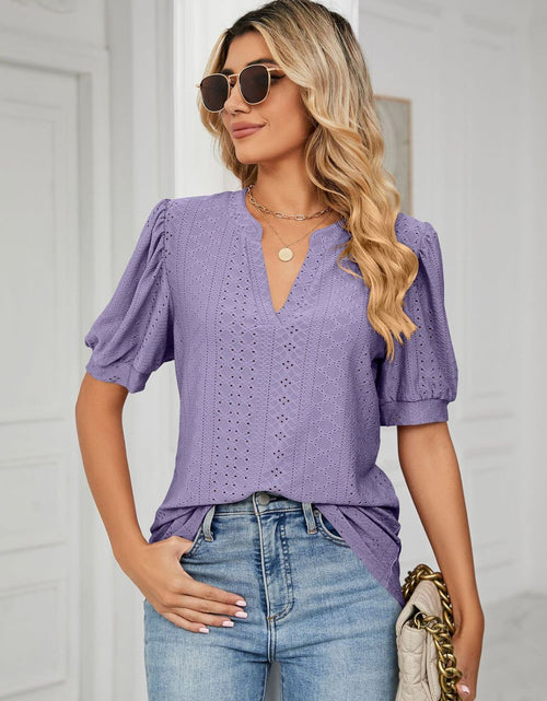 Load image into Gallery viewer, Florira Eyelet Notched Short Sleeve T-Shirt
