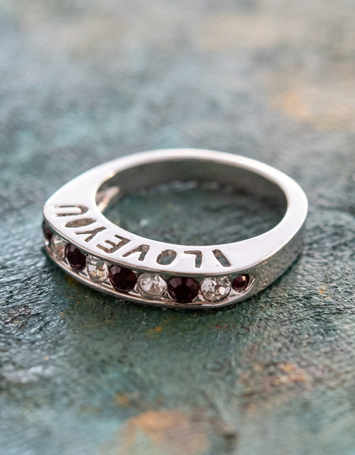 Load image into Gallery viewer, Vintage 1980s I Love You Ring Band Ring Garnet and Clear Austrian Crystals Imported by PVD Vintage Jewelry

