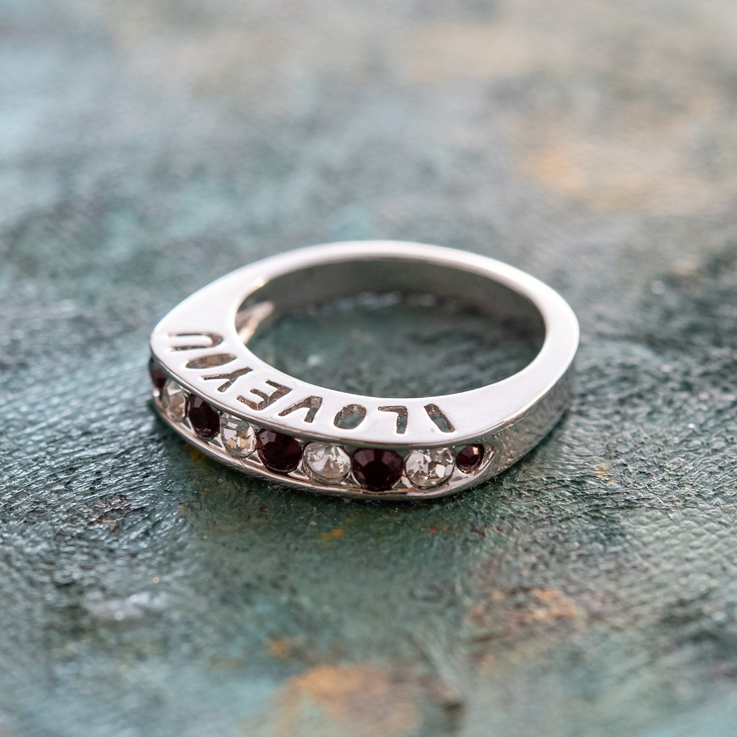 Vintage 1980s I Love You Ring Band Ring Garnet and Clear Austrian Crystals Imported by PVD Vintage Jewelry