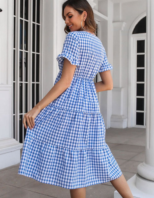 Load image into Gallery viewer, Plaid V-Neck Short Sleeve Midi Dress
