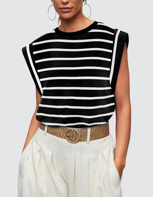 Load image into Gallery viewer, Striped Round Neck Cap Sleeve T-Shirt
