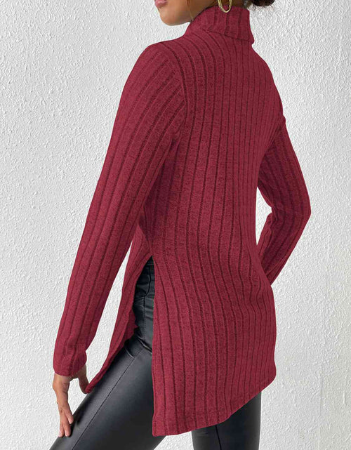 Load image into Gallery viewer, Ribbed Turtleneck Long Sleeve Slit T-Shirt
